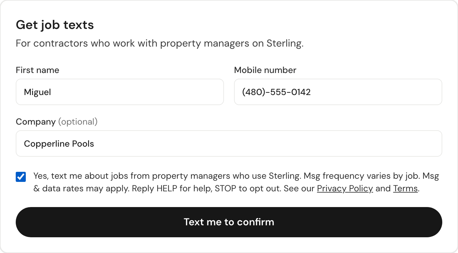 The same form with the consent box ticked and the Text me to confirm button active.