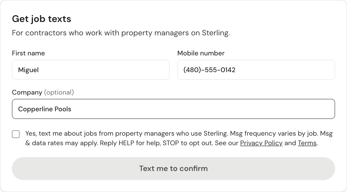 The Get job texts form on sterlinghome.xyz/sms/contractors with first name, mobile number and company filled in. The consent box is unticked and the Text me to confirm button is grey.