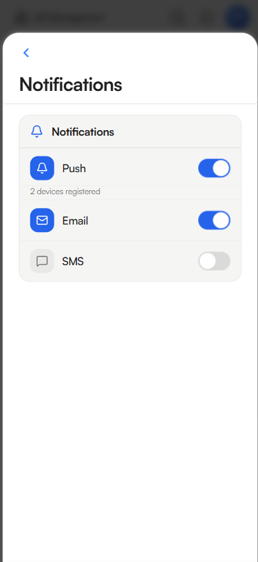 Sterling notification settings screen showing Push and Email enabled, SMS toggle off by default
