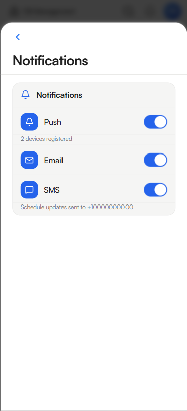 Notification settings screen with SMS toggle now enabled, showing schedule updates sent to phone number